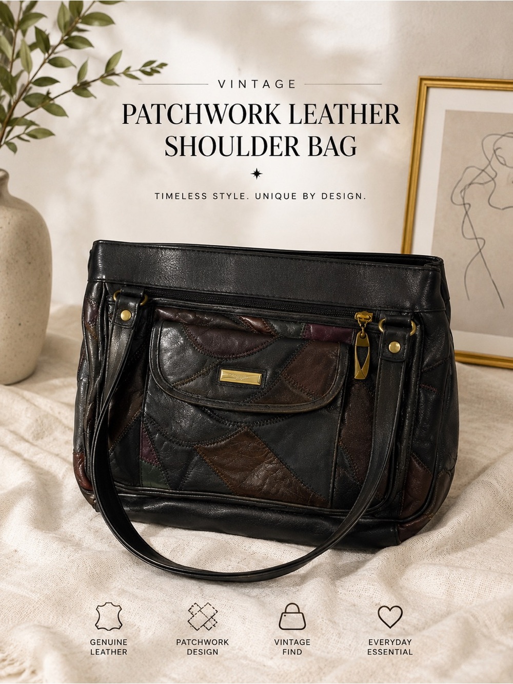 Vintage Patchwork Leather Shoulder Bag - Black/Brown